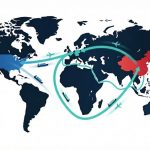 Moderne Infografik einer stilisierten Weltkarte, die mit Schiffen und Flugzeugen den globalen Handel symbolisiert