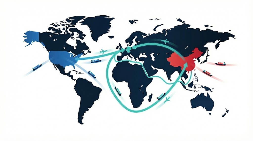 Moderne Infografik einer stilisierten Weltkarte, die mit Schiffen und Flugzeugen den globalen Handel symbolisiert